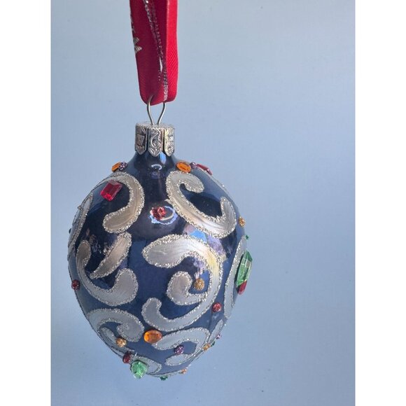 Waterford Sapphire Scroll Egg Jeweled Blown Glass Ornament Rare 1997 Handmade Co - Picture 3 of 7